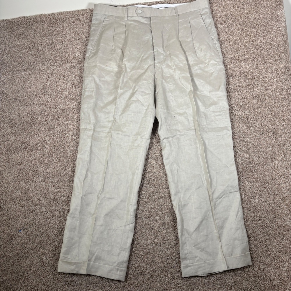 Jordan Craig Mens 38x34 (Fits 38x30) Beige 100% Linen Pleated Cuffed Dress Pants